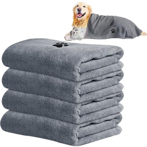 Grillix 4 Stück Hunde Handtuch Maschinenwaschbar,Grau Schnelltrocknend Haustier Mikrofaser Handtücher, 75 x 35 cm Hunde Handtuch für Katzen, Hunde Oder Andere Haustiere von Grillix