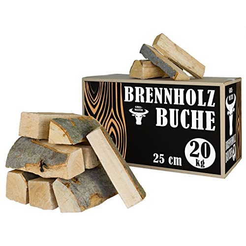 Buche Brennholz Kaminholz 20 kg für Ofen und Kamin Kaminofen Feuerschale Grill Feuerholz Holz Buchenholz Holzscheite Wood 25 cm Kammergetrocknet Grillmaster von Grillmaster