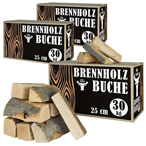 Buche Brennholz Kaminholz 90 kg für Ofen und Kamin Kaminofen Feuerschale Grill Feuerholz Holz Buchenholz Holzscheite Wood 25 cm Kammergetrocknet Grillmaster von Grillmaster