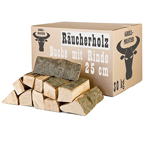 Buche Smoker Holz Räucherholz Brennholz 10-30 kg Buchenholz kammergetrocknet 25 cm Kaminholz Smoke Feuerholz Grillen Wood BBQ Rauch Raeuchern Smokewood Grillmaster, Menge :30 kg von Grillmaster