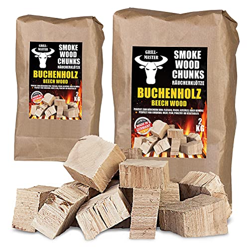 Räucherklötze Smoker Grill Chunks für BBQ Buche Eiche Räuchern 2-4 kg XXXL Räucherofen Wood Grillen Smoken Zubehör Raeuchern Feuerschale Chips Grillmaster, Menge:4 kg Buche von Grillmaster