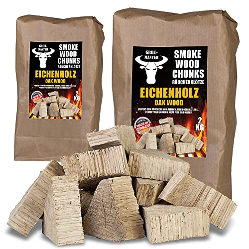 Räucherklötze Smoker Grill Chunks für BBQ Buche Eiche Räuchern 2-4 kg XXXL Räucherofen Wood Grillen Smoken Zubehör Raeuchern Feuerschale Chips Grillmaster, Menge:4 kg Eiche von Grillmaster