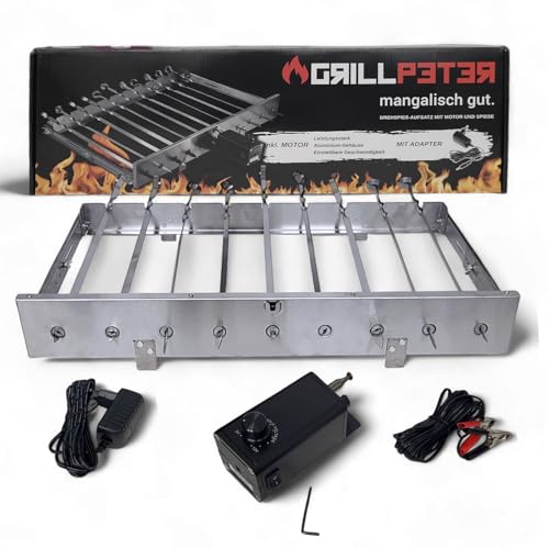 Mangal Drehspießaufsatz aus Edelstahl mit 230 V Elektromotor Spieße (mit 9 Spieße) von Grillpeter