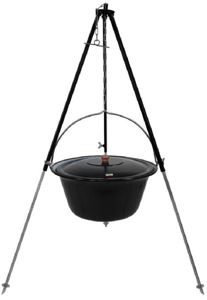 Grillplanet Schwenkgrill Gulaschkessel 10l Emaillie Deckel Dreibein 130cm mit Höhenverstellung, Set, Kessel, Deckel, Dreibein von Grillplanet