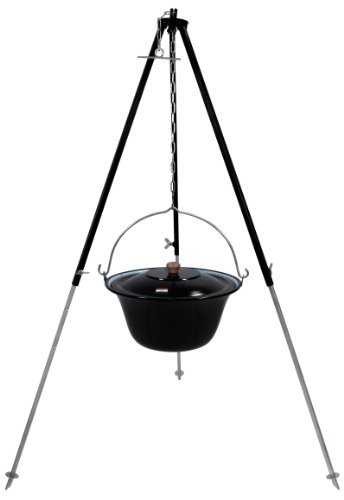 GRILLPLANET Original ungarischer Gulaschkessel 10 Liter emailliert | Dreibein-Gestell 130cm Teleskopgestell Kettenhöhenverstellung mit Gulasch-Topf, Suppentopf mit Deckel | Kesselgulasch Topf im Set von GRILLPLANET