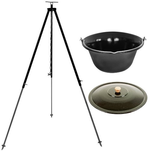 GRILLPLANET Set 15 Liter Gulaschkessel Emaille Black Edition mit Dreibein (Kettenhöhenverstellung) und Deckel von GRILLPLANET