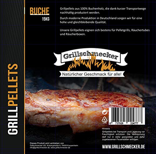 Grillschmecker Grillpellets 15kg Holzpellets aus 100% Reiner Buche für Grill, Pelletofen & Smoker von Grillschmecker