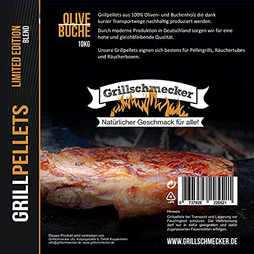 Grillschmecker Grillpellets - Holzpellets 10kg aus Oliven und Buchenholz, Beutel für Grill, Pelletofen & Smoker von Grillschmecker