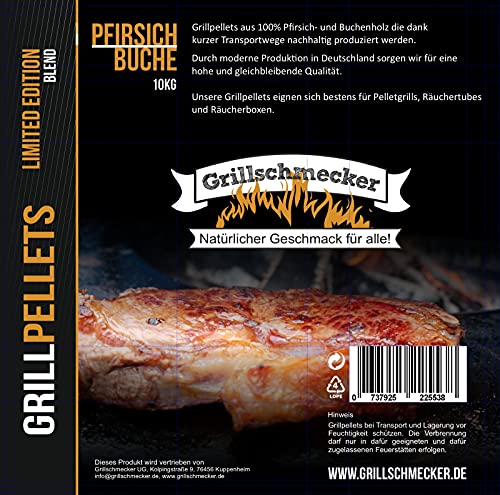 Grillschmecker Grillpellets - Holzpellets 10kg aus Pfirsich und Buchenholz Beutel für Grill, Pelletofen & Smoker von Grillschmecker