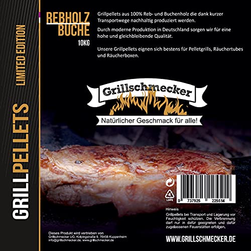 Grillschmecker Grillpellets Rebholz/Buche 10kg Beutel - Holzpellets aus 100% Hartholz für Pelletsgrill, Räucherboxen und Smoker von Grillschmecker