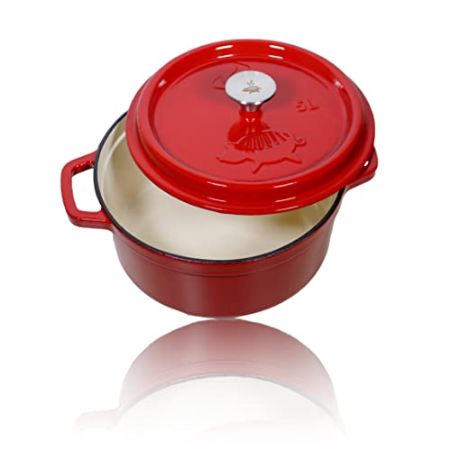 Grillschweine Dutch Oven 5L rot Emailliert - Feuertopf aus Gusseisen - ofenfest und induktionsgeeignet - Schmortopf mit Deckel von Grillschweine
