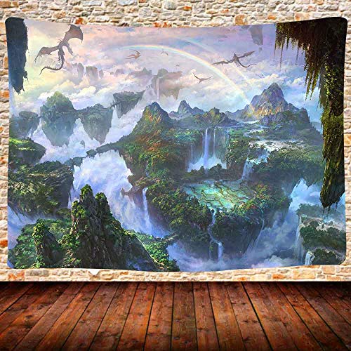 Grilses Fantasy World Forest Tapisserie Märchen Welt Landschaft fliegender Drachen Wandteppich, Wanddecke Wandkunst für Zuhause Wohnzimmer Schlafsaal Dekor 203 x 152 cm von UHOMETAP