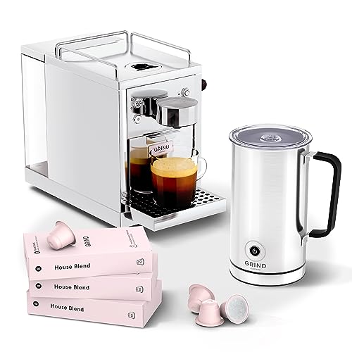 Grind One - Milchaufschäumer + 60 Kapseln - Espressomaschine kompatibel mit Nespresso® Original Kapseln - Single Serve Kaffee - 19 Bar - Edelstahl Kaffeemaschine von Grind