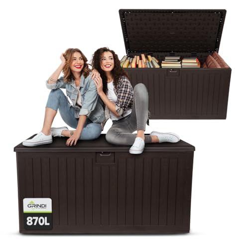 Grindi - Gartenbox Kissenbox Auflagenbox - Treeline - Braun, 870 Liter, 161x82x83 cm - Wassersichere Outdoor Paketbox, Gartenschrank & Truhe, wetterfest für Balkon, Gartenhaus, Geräteschuppen von Grindi