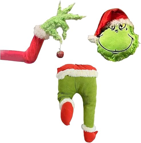 Weihnachtsdieb Grinch Körperdekorationen, Grinch Arm & Kopf Ornament Halter Baum-Sets, Grinch Sackleinen Pose-able Plüscharm Indoor für Kamin, Tür, Fenster (3 Stück (Hand + Kopf + Bein)) von Grindrom