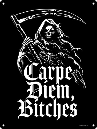 Reaper Carpe Diem, Bitches Mini Blechschild Schwarz 15x20cm von Grindstore