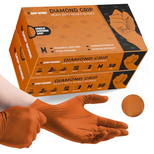 GripSense Nitrilhandschuhe (100er-Pack) Hohe Dichte & Diamant-Textur in Orange – Latex- & Puderfreie Einmalhandschuhe M – Werkstatthandschuhe Extradick & Superstark – Maximale Fingerfertigkeit L5 von GripSense
