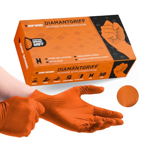 GripSense Nitrilhandschuhe (50er-Pack) Hohe Dichte & Diamant-Textur in Orange – Latex- & Puderfreie Einmalhandschuhe M – Werkstatthandschuhe Extradick & Superstark – Maximale Fingerbeweglichkeit L5 von GripSense