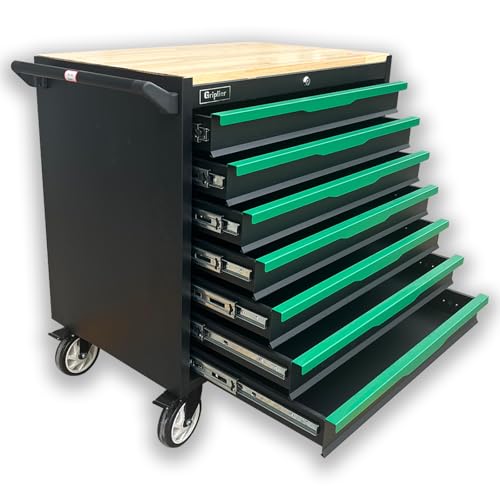 Griplier Werkstattwagen, 7 Schubladen,Bremsrad,Schwarz-Grün, Schwerlast Rollbar mit Holzarbeitsplatte,79.5 x 48 x 82cm,Belastung 300kg(7 Schubladen) von Griplier