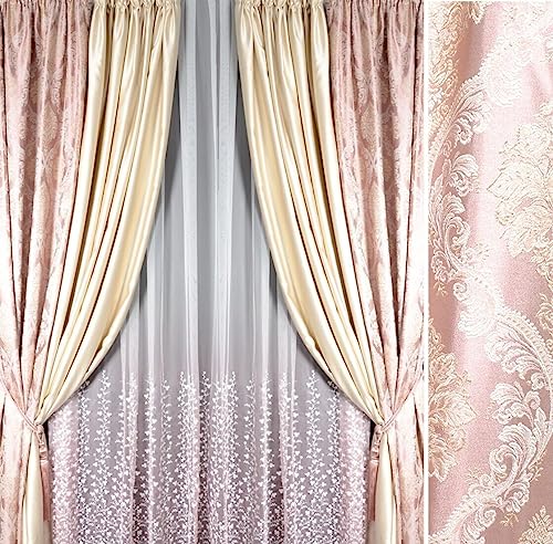 2x Set Luxus fertig Vorhänge Gardine nach Maß Jacquard Textur klassisch abstrakt Muster Altrosa Gold Wohnzimmer Schlafzimmer Haus Wohnung Villa 140 cm breit 140 - 300 cm Lang (260 x140 cm) von Grisodonna Italian Design