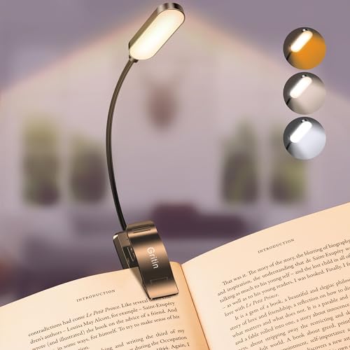 Gritin Leselampe Buch Klemme, USB C Wiederaufladbare Buchlampe mit 16 LEDs, 3 Farbtemperatur Modi (Weiß/Bernstein/Gemischt), Stufenlose Helligkeit Klemmlampe, 360° Flexibel für Nachtlesen ins Bett von Gritin