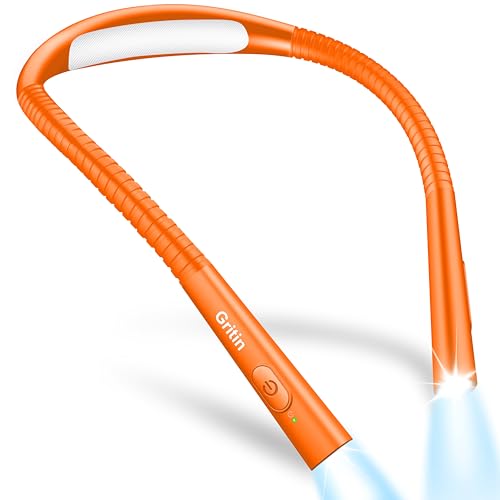 Gritin Leselampe Hals, Buchlampe Bett mit 4 Farben & 5 Helligkeit - Stufenlos Dimmbar, Augenschutz, Aufladbar 80h Dauer, Einstellarm, Ergonomisch Leselicht für Lesen im Bett, Orange von Gritin