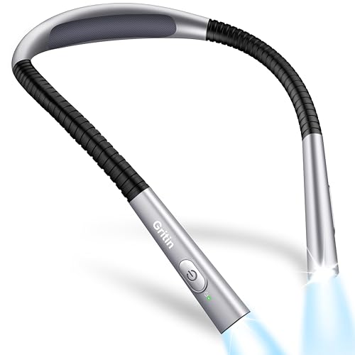 Gritin Leselampe Hals, Buchlampe Bett mit 4 Farben & 5 Helligkeit - Stufenlos Dimmbar, Augenschutz, Aufladbar 80h Dauer, Einstellarm, Ergonomisch Leselicht für Lesen im Bett/Stricken/Handarbeit von Gritin