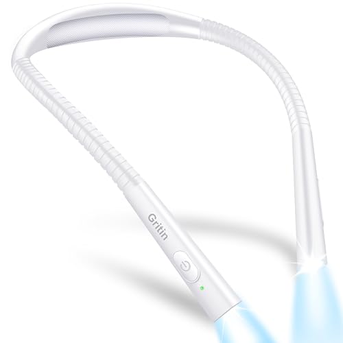 Gritin Leselampe Hals, Buchlampe Bett mit 4 Farben & 5 Helligkeit - Stufenlos Dimmbar, Augenschutz, Aufladbar 80h Dauer, Einstellarm, Ergonomisch Leselicht für Lesen im Bett, Weiß von Gritin