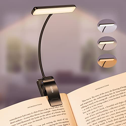 Gritin Leselampe Buch Klemme, USB Wiederaufladbare Buchlampe mit 19 LEDs, 3 Farbtemperatur Modi, Lange Laufzeit, Stufenlose Helligkeit Klemmlampe, 360° Flexibel Klemmleuchte für Nachtlesen ins Bett von Gritin