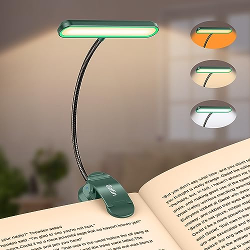 Gritin Leselampe Buch Klemme mit 19 LEDs, Buchlampe mit 3 Farbtemperatur Modi & 5 Helligkeit Dimmbar, USB Wiederaufladbare Klemmlampe, 360° Flexibel Leselicht für Nachtlesen ins Bett (Dunkelgrün) von Gritin