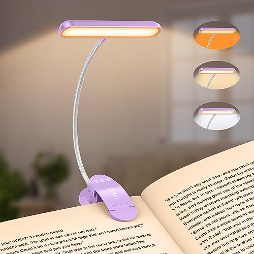 Gritin Leselampe Buch Klemme mit 19 LEDs, Buchlampe mit 3 Farbtemperatur Modi & 5 Helligkeit Dimmbar, USB Wiederaufladbare Klemmlampe, 360° Flexibel Leselicht für Nachtlesen ins Bett (Lila) von Gritin