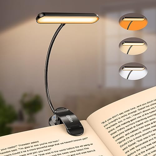 Gritin Leselampe Buch Klemme mit 19 LEDs, Buchlampe mit 3 Farbtemperatur Modi & 5 Helligkeit Dimmbar, USB Wiederaufladbare Klemmlampe, 360° Flexibel Leselicht für Nachtlesen ins Bett (Schwarz) von Gritin