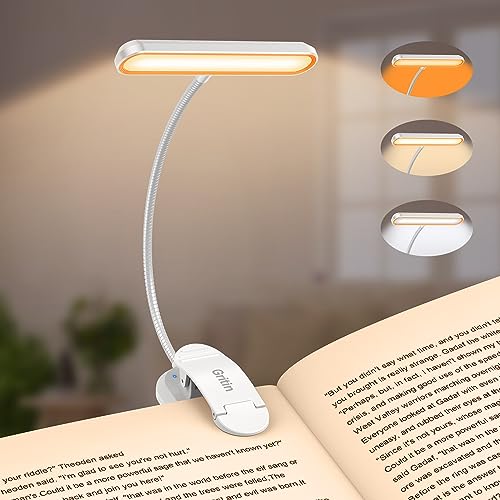 Gritin Leselampe Buch Klemme mit 19 LEDs, Buchlampe mit 3 Farbtemperatur Modi & 5 Helligkeit Dimmbar, USB Wiederaufladbare Klemmlampe, 360° Flexibel Leselicht für Nachtlesen ins Bett (Weiß) von Gritin