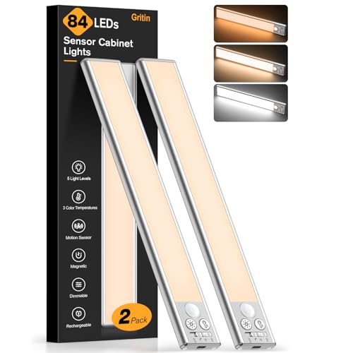 Gritin Schrankbeleuchtung Unterbauleuchte Küche LED Bewegungsmelder -84 LEDs Superhell Küche Licht Aufladbar,3 Farbe&5 Helligkeit,4 Modi,1800mAh Akku,Einfach Montage Stark Magnet Schranklicht, 2 Stück von Gritin