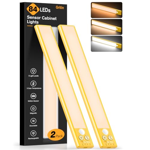 Gritin Schrankbeleuchtung Unterbauleuchte Küche LED Bewegungsmelder -84 LEDs Superhell Küche Licht Aufladbar,3 Farbe&5 Helligkeit,4 Modi,Einfach Montage Stark Magnet Schranklicht, 2 Stück-Gelb von Gritin