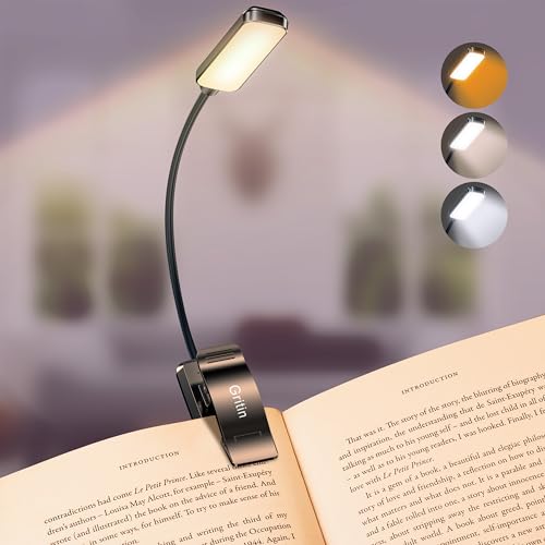 Gritin Leselampe Buch Klemme, Buchlampe, 3 Farbtemperatur Modi, Stufenlose Helligkeit Klemmlampe, USB Wiederaufladbare Klemmleuchte, 360° Flexibel für Nachtlesen ins Bett, beim Reisen usw. von Gritin
