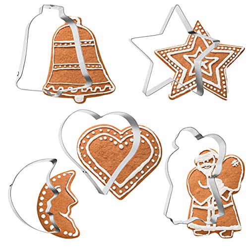 Ausstechformen Set Weihnachten - 5 große XXL Ausstecher für Kekse Plätzchen - Mond - Herz - Stern - Glocke - Santa von Grizzly