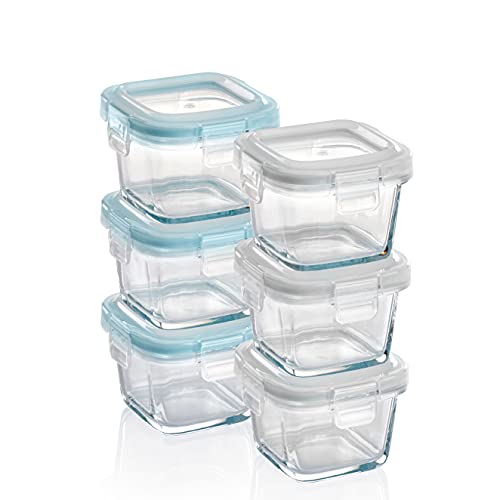 Grizzly Mini Glas Frischhaltedosen, Set 6X 160 ml, luftdicht, quadratisch, Click-Verschluss, Idealer Behälter für Babybrei, Beikost und Dips von Grizzly