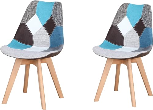 GroBKau Esszimmerstühle, 2 Stück, skandinavischer Stuhl, Patchwork-Stuhl, Beine aus Buchenholz, moderne Räume und Küchen – Blau von GroBKau