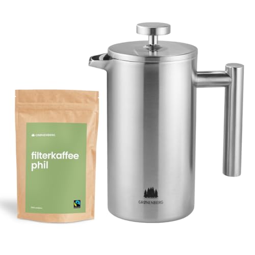 Groenenberg Spar Set 1 | Filter Kaffeebohnen o. Pulver (Bio) 250g + French Press Thermo | Kaffeepresse Edelstahl von Groenenberg