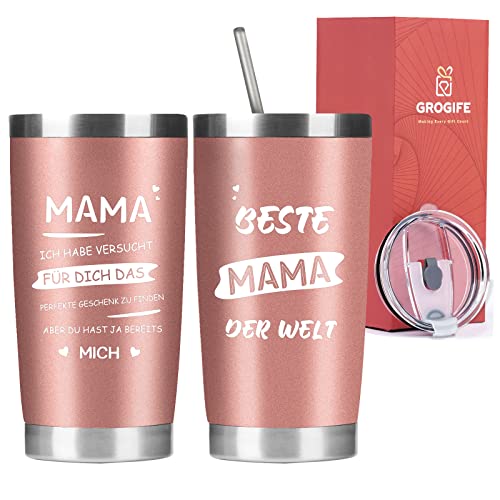 Grogife Geschenke für Mama, Muttertagsgeschenk von Tochter Sohn, Muttertag Thermobecher Edelstahl mit Spruch, Geburtstagsgeschenk für Beste Mutter Schwiegermutter, Kaffeebecher to go mit Deckel 600ml von Grogife