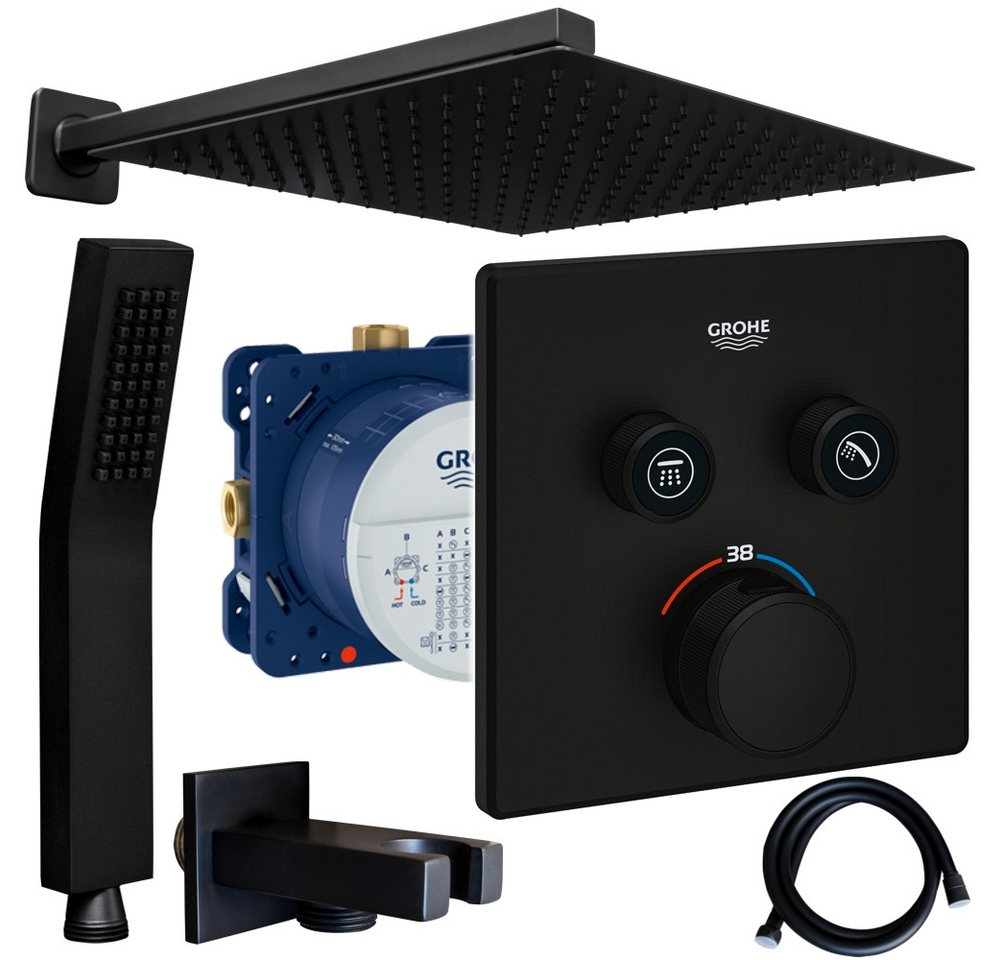 Grohe und Jowi Duscharmatur SmartControl Unterputz Thermostat, Schwarz, Regendusche, Kopfbrause (Unterputz-Duschsystem, Komplettset inkl. Thermostat) Mattschwarz, Thermostat von Grohe und Jowi