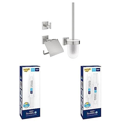 Bundle aus GROHE Start Cube - Accessoire Set 3-in-1, supersteel, 41123DC0 + GROHE QUICKFIX - Kleber für BadAccessoires A1, 41127000 + QuickGlue A2, 41128000 von GROHE
