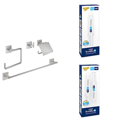 Bundle aus GROHE Start Cube - Bad-Set 4-in-1 (Material: Metall, verdeckte Befestigung), Supersteel, 41115DC0 + GROHE QUICKFIX - Kleber A1 und A2 (41127000 + 41128000) von Grohe