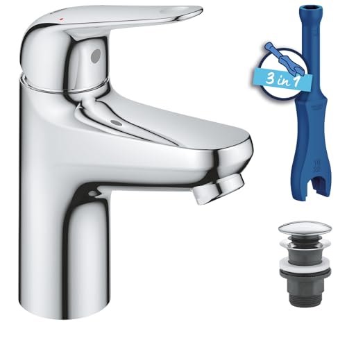 GROHE Swift, Waschtischarmatur, wassersparend (Wasserhahn für das Bad, Badarmatur mit Pop-Up Ablauf, 16cm hoch, mit 3in1 Werkzeug, einfache Installation am Waschbecken), chrom, 24318001 von GROHE