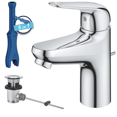 GROHE Swift, energiesparende Waschtischarmatur, Kaltwasser in Mittelstellung (Wasserhahn für Waschbecken, 16cm hoch, mit Zugstangen-Ablauf, mit 3in1 Werkzeug, einfache Installation), chrom, 24322001 GROHE Swift, energiesparende Waschtischarmatur, Kaltwasser in Mittelstellung (Wasserhahn für Waschbecken, 16cm hoch, mit Zugstangen-Ablauf, mit 3in1 Werkzeug, einfache Installation), chrom, 24322001 von GROHE