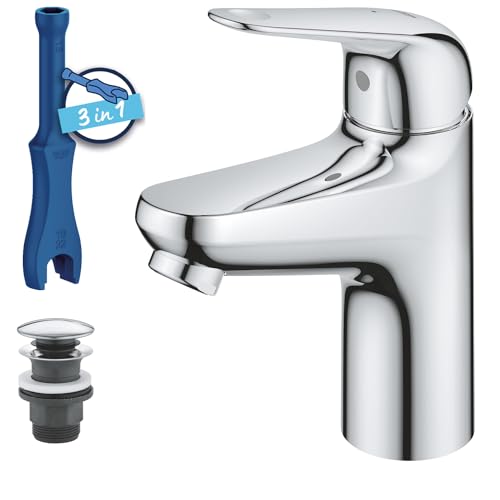 GROHE Swift, energiesparende Waschtischarmatur, Kaltwasser in Mittelstellung (Wasserhahn für Waschbecken, 16cm hoch, mit Pop-Up Ablauf, mit 3in1 Werkzeug, einfache Installation), chrom, 24323001 von GROHE