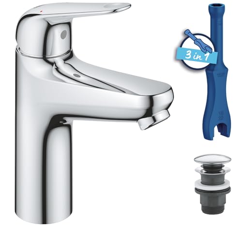 GROHE Swift, Waschtischarmatur, wassersparend (Wasserhahn für das Bad, Badarmatur mit Pop-Up Ablauf, 18cm hoch, mit 3in1 Werkzeug, einfache Installation am Waschbecken), chrom, 24326001 GROHE Swift, Waschtischarmatur, wassersparend (Wasserhahn für das Bad, Badarmatur mit Pop-Up Ablauf, 18cm hoch, mit 3in1 Werkzeug, einfache Installation am Waschbecken), chrom, 24326001 von GROHE