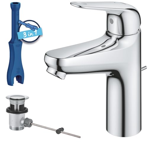 GROHE Swift, energiesparende Waschtischarmatur, Kaltwasser in Mittelstellung (Wasserhahn für Waschbecken, 18cm hoch, mit Zugstange-Ablauf, mit 3in1 Werkzeug, einfache Installation), chrom, 24328001 GROHE Swift, energiesparende Waschtischarmatur, Kaltwasser in Mittelstellung (Wasserhahn für Waschbecken, 18cm hoch, mit Zugstange-Ablauf, mit 3in1 Werkzeug, einfache Installation), chrom, 24328001 von GROHE