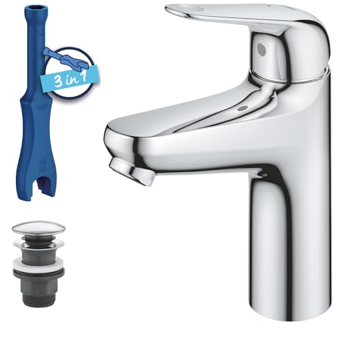 GROHE Swift, energiesparende Waschtischarmatur, Kaltwasser in Mittelstellung (Wasserhahn für Waschbecken, 18cm hoch, mit Pop-Up Ablauf, mit 3in1 Werkzeug, einfache Installation), chrom, 24329001 GROHE Swift, energiesparende Waschtischarmatur, Kaltwasser in Mittelstellung (Wasserhahn für Waschbecken, 18cm hoch, mit Pop-Up Ablauf, mit 3in1 Werkzeug, einfache Installation), chrom, 24329001 von GROHE